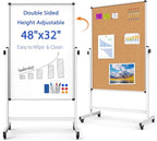 Double-Sided Whiteboard and Corkboard on Wheels, 48 x 32 Inch Magnetic Dry by WOREEY