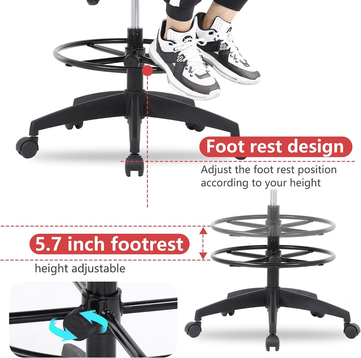 BestOffice | Tall Drafting Chair | Black | with Lumbar Support
