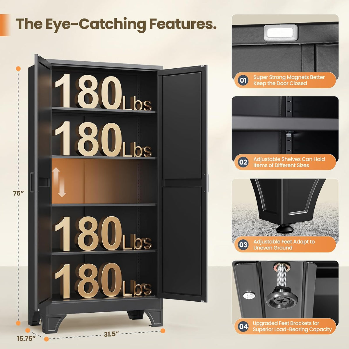yizosh 75" h tall metal kitchen pantry storage, close-up detail