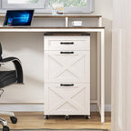 3 Drawers Farmhouse File Cabinet with Wheels for Home Office, Rustic White | Halitaa Vertical Filing Cabinet Fits Letter/A4 Size, Rolling File Cabinet Wooden Printer Stand for Home Office