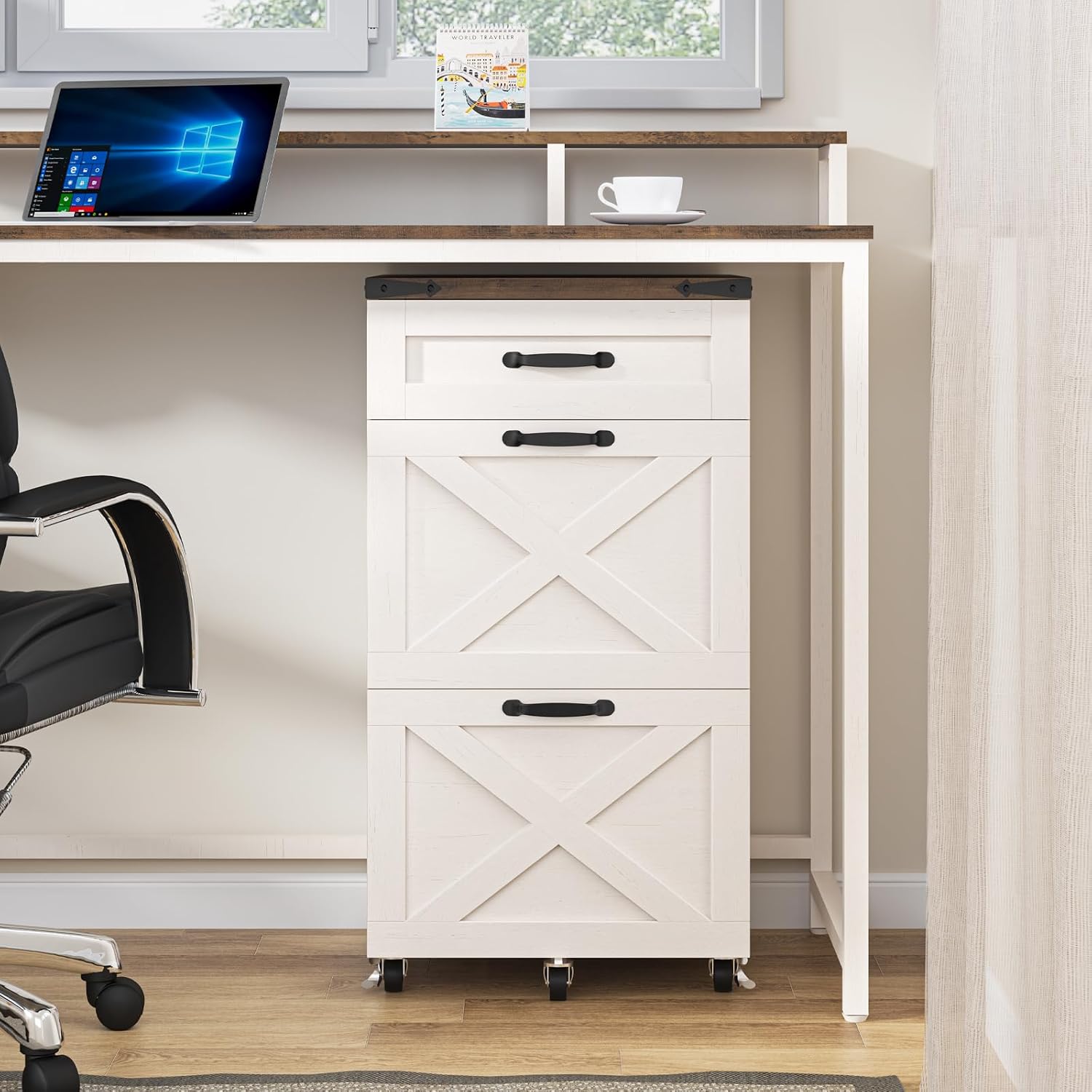 3 Drawers Farmhouse File Cabinet with Wheels for Home Office, Rustic White | Halitaa Vertical Filing Cabinet Fits Letter/A4 Size, Rolling File Cabinet Wooden Printer Stand for Home Office