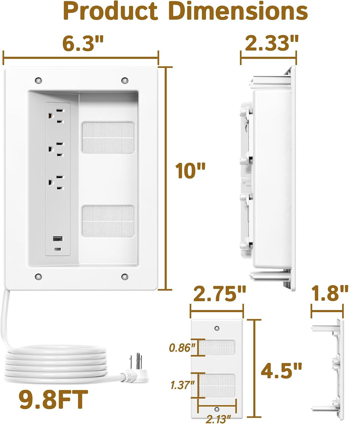 Plug'n in Wall Cable Management Kit,Recessed TV Wall Box with 3 AC Outlet...