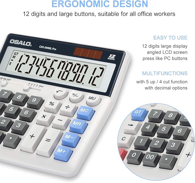 OSALO Desktop Calculator Extra Large Display 12 Digits Big Buttons Solar - Image 4