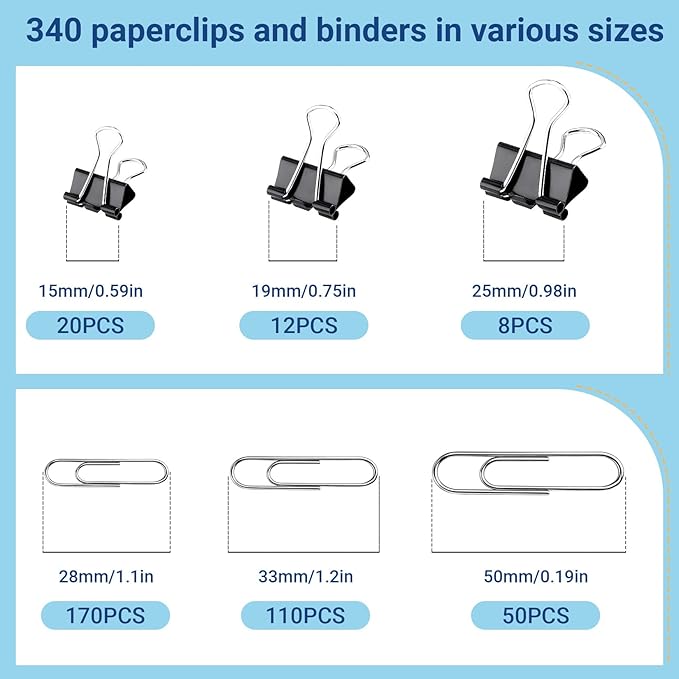 370 PCS Paper Clips and Binder Clips Set – Assorted Sizes Metal Clips, Office - Image 4