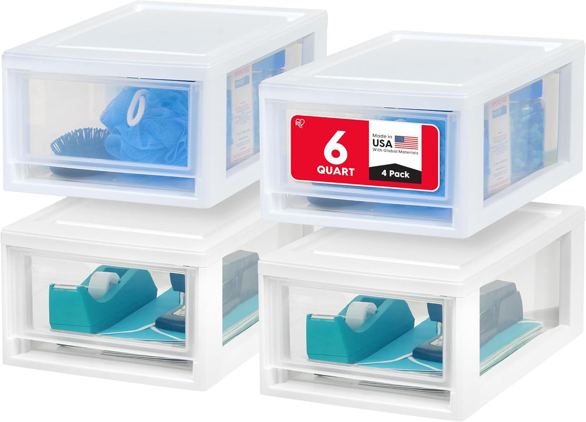 IRIS USA 4-Pack, 6 Qt. Small Stacking Drawer Storage Organizer, White