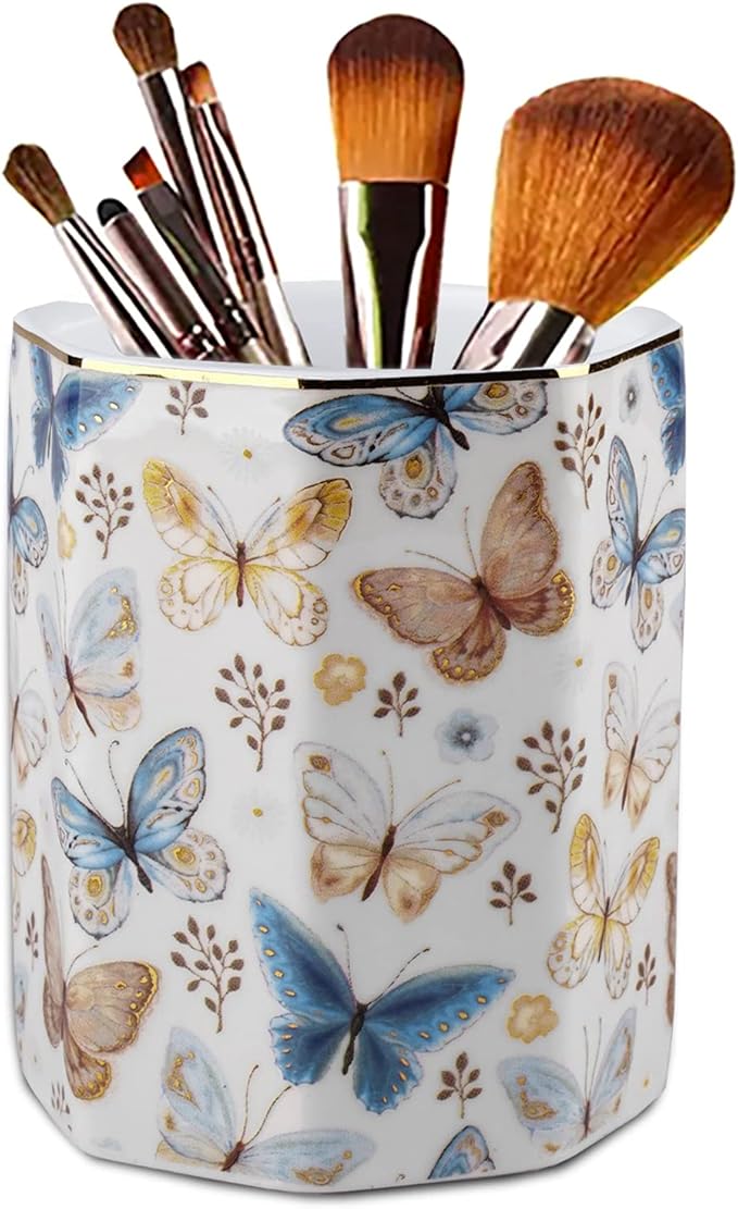 Jwest Pen Holder, Ceramic Shiny Gold Graphic Butterfly Pattern Pencil Cup by Jwest