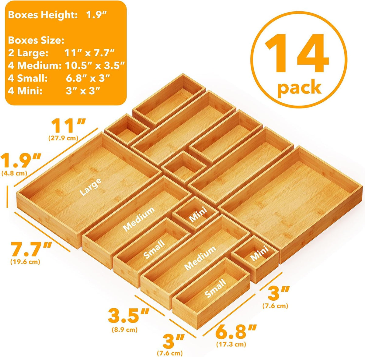 SpaceAid 14-Piece Bamboo Drawer Organizer Storage Boxes Set, Wood Tray Junk D...