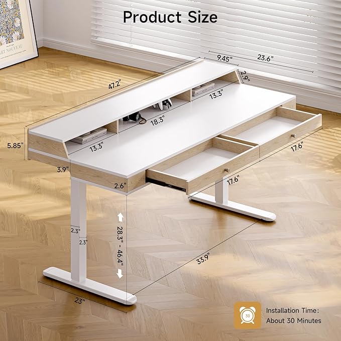 Standing Desk With Drawers, 47x23.6 Inch Electric Stand Up With Storage Shelf - Image 2