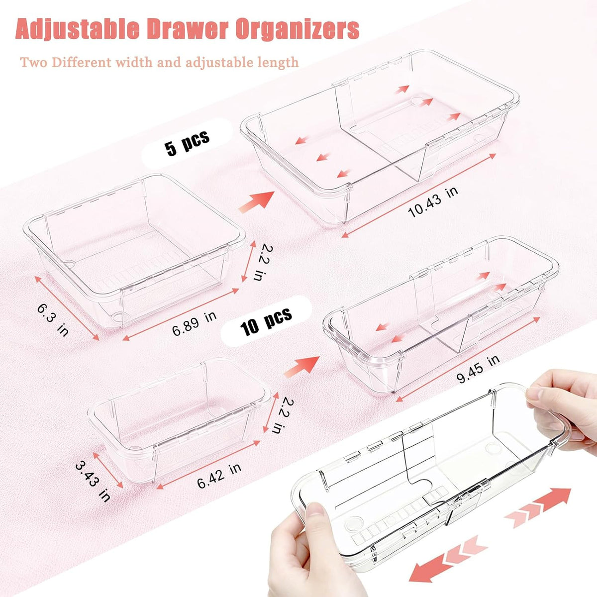 15 Pcs Clear Expandable Drawer Organizer Tray Adjustable Drawer Storage Bin