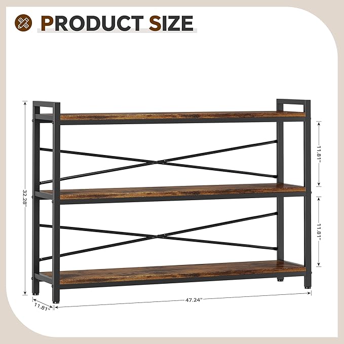3 Tier Bookcase 47.24" Width, Long Industrial Book Shelf, Vintage Wooden Large - Image 3