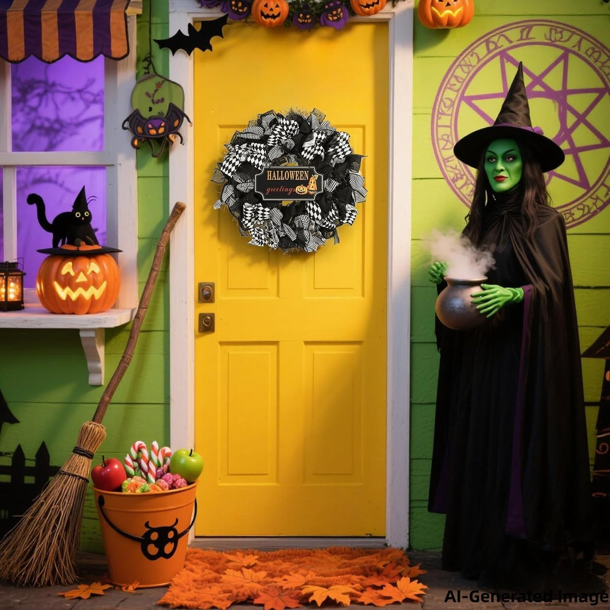 Halloween Wreath, 26 Inch, Black & White Checkered Bow