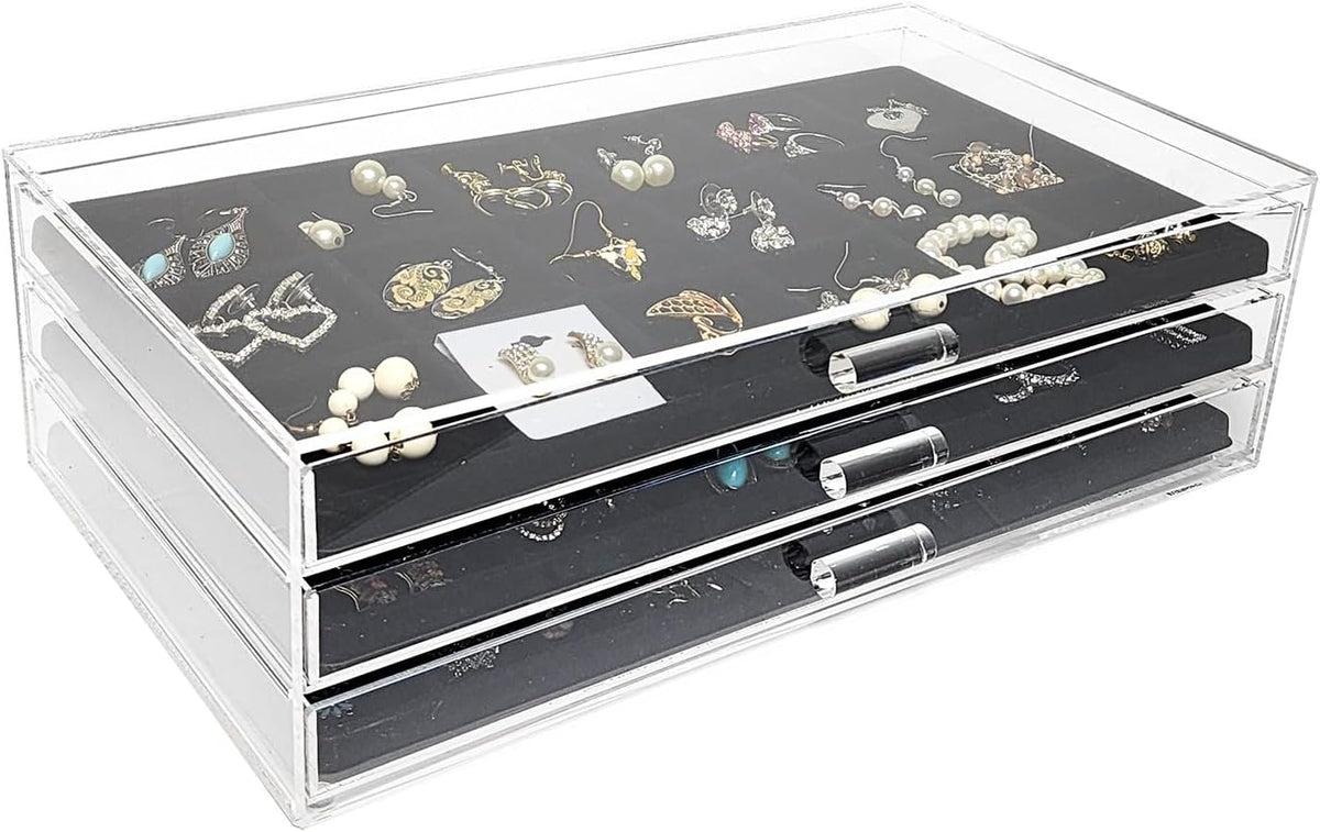 Ikee Design Premium Acrylic Jewelry Organizer,3 Drawers18,24,50 inserts
