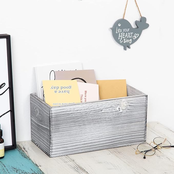 ExoLiry Rustic Gray Wood Mail Box Storage Holder File Organizer Tabletop Wooden - Image 4