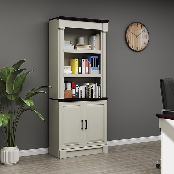 72" Roman Column Bookcase with Double Door Cabinet, 5 Tiers Tall Bookshelf by Bevfint