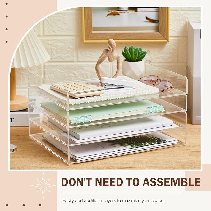 Harloon 4 Tier Acrylic Paper Tray 13 x 10 x 1.7 Inches Stackable Letter Clear - Image 3