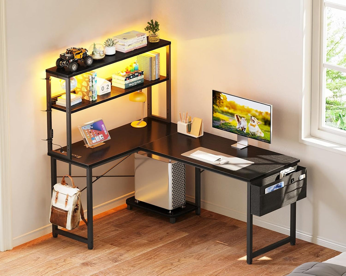ODK 43" L Shaped Gaming Desk with Shelves, LED & Outlets, Black