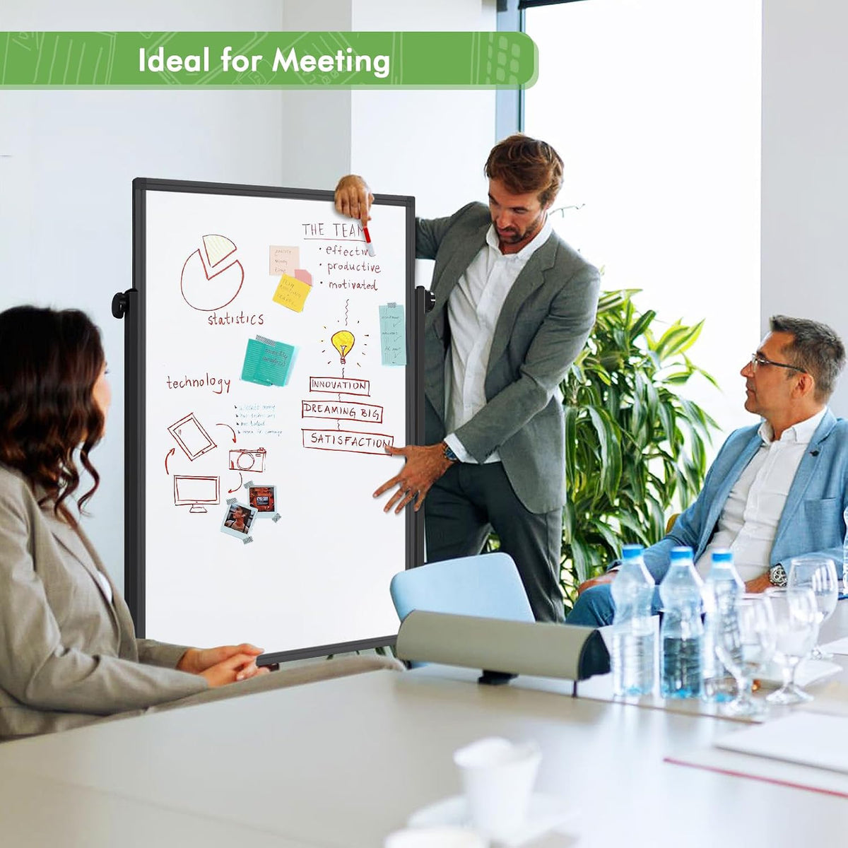 Rolling Whiteboard on Wheels 48" x 32" Aluminum Frame (Black)