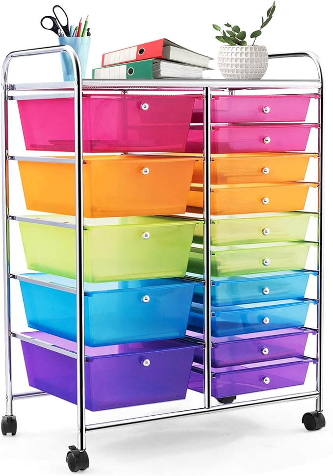 COSTWAY 15 Drawer Rolling Storage Cart, Utility Tools Paper Organizer on Wheels by COSTWAY