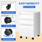 MIIIKO White Filing Cabinet 3 Drawers on Wheels Under Desk, Metal Rolling File - Image 5