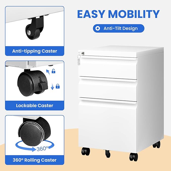 MIIIKO White Filing Cabinet 3 Drawers on Wheels Under Desk, Metal Rolling File - Image 5
