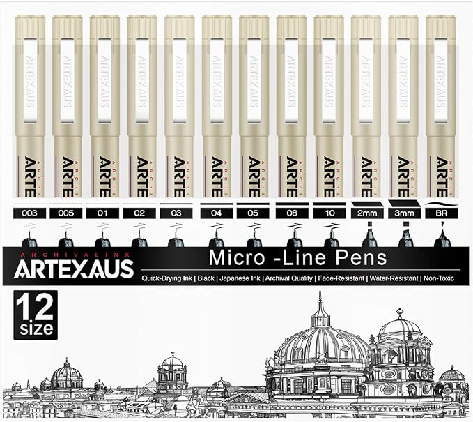 Micro Fineliner Drawing Art Pens, 12 Assorted Sizes, Waterproof Archival Ink by Unknown