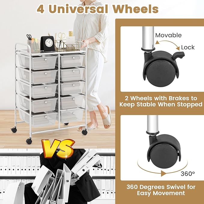 HAPPYGRILL 10-Drawer Rolling Storage Cart, Storage Organizer Cart - Image 4