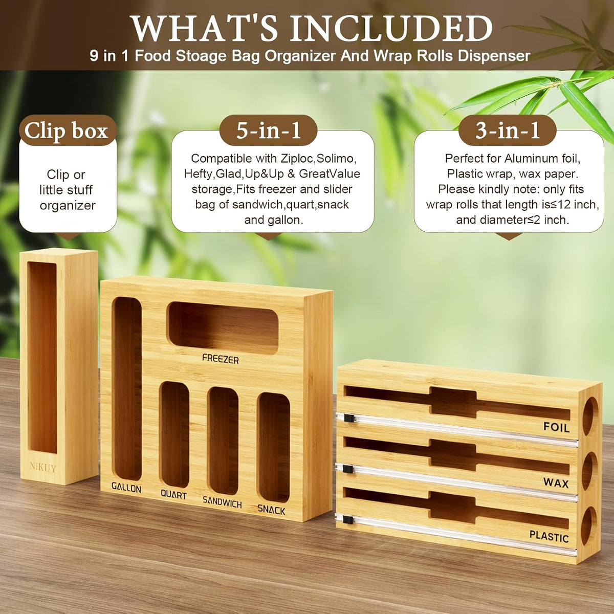9 IN 1 Bamboo Foil and Plastic Wrap Organizer for Kitchen Drawer, Plastic Bag...