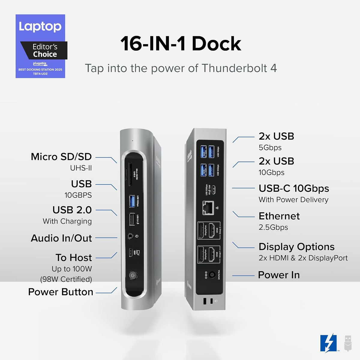 Plugable 16-in-1 Thunderbolt 4 Dock – Dual 4K Monitors, 100W Charging