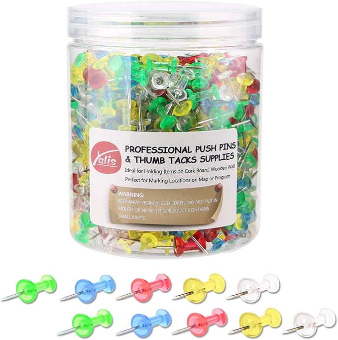 Yalis Push Pins 600 Count Clear Multicolored, Standard Thumb Tacks Steel Point by Yalis