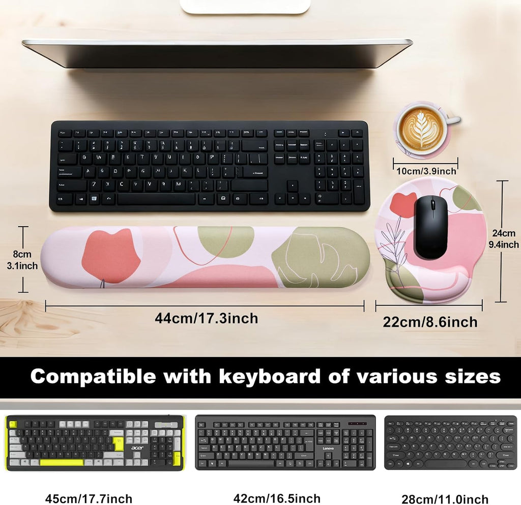 Keyboard Wrist Rest Mouse Pad with Wrist Support, Gaming Mousepad with Non-Slip Base, Ergonomic Mouse Wrist Arm Cushion Support for Home Office Laptop Computer, Easy Typing Pain Relief, Pink Flower