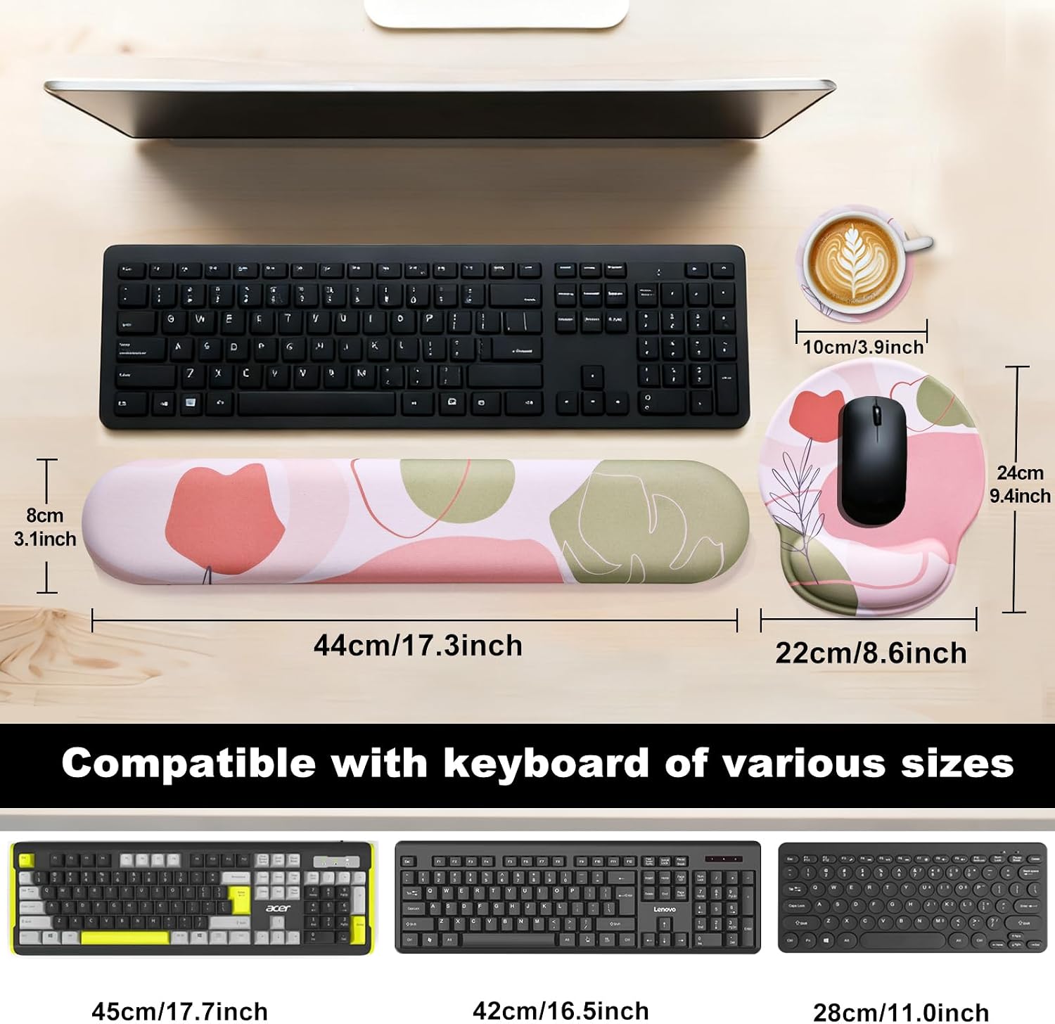 Keyboard Wrist Rest Mouse Pad with Wrist Support, Gaming Mousepad with Non-Slip Base, Ergonomic Mouse Wrist Arm Cushion Support for Home Office Laptop Computer, Easy Typing Pain Relief, Pink Flower