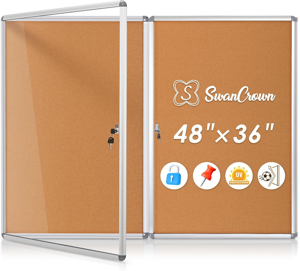 SWANCROWN 36x24 in Enclosed Bulletin Board, Lockable Cork Board, Pack of 2