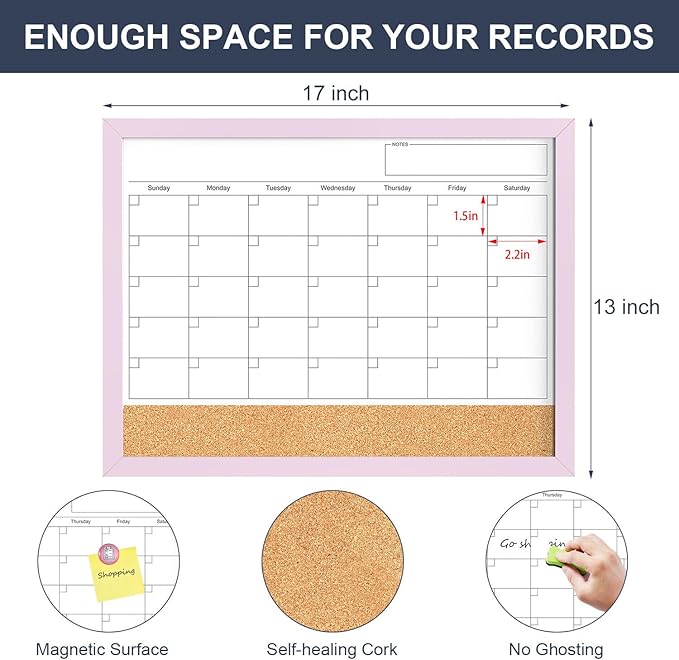 Dry Erase Calendar Cork Board Combo, 17x13 Inches Calendar Whiteboard - Image 4