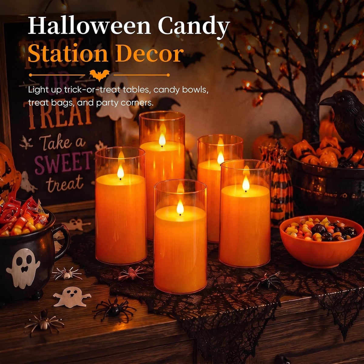 Homemory Halloween Orange Flameless Candles, Acrylic, Remote Timer, 9 Pack