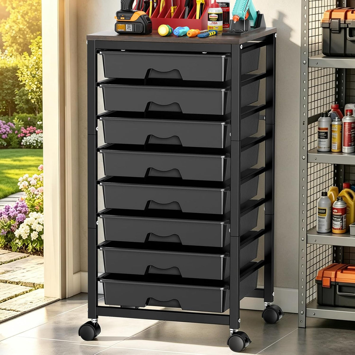 SUNALLY Rolling Cart With 8 Drawers,Storage Drawer Cart for Craft Art,Black