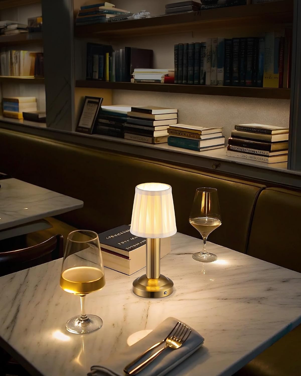 Small Cordless Table Lamp 2 Pack, Gold Fabric Shade LED Touch Lamps