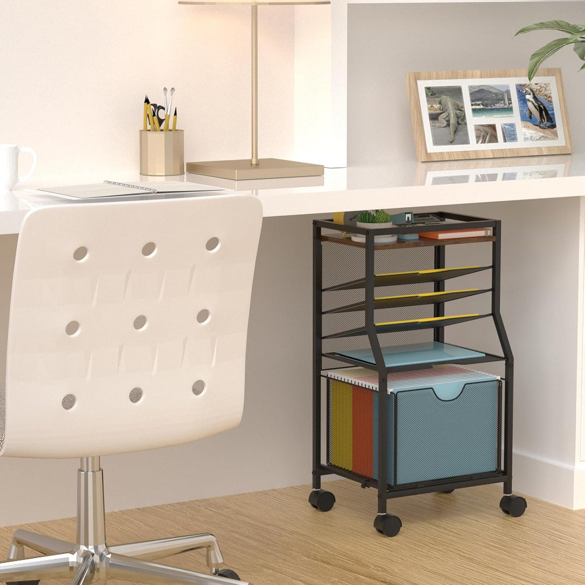 BOHDK Rolling File Cart, 6-Tier Desk File Organizer on Lockable Wheels, Brown...
