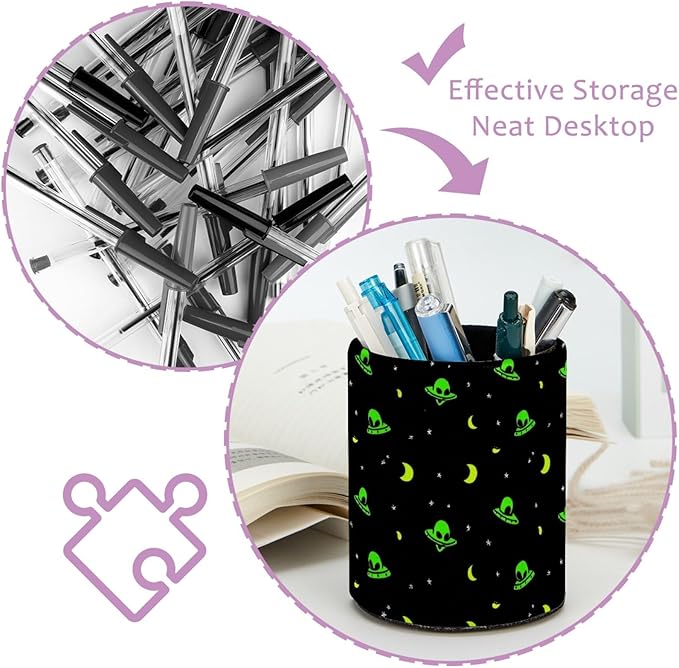 Leather Pen Holder for Desk Green Alien Moon Pencil Cup Desktop Organizer - Image 4