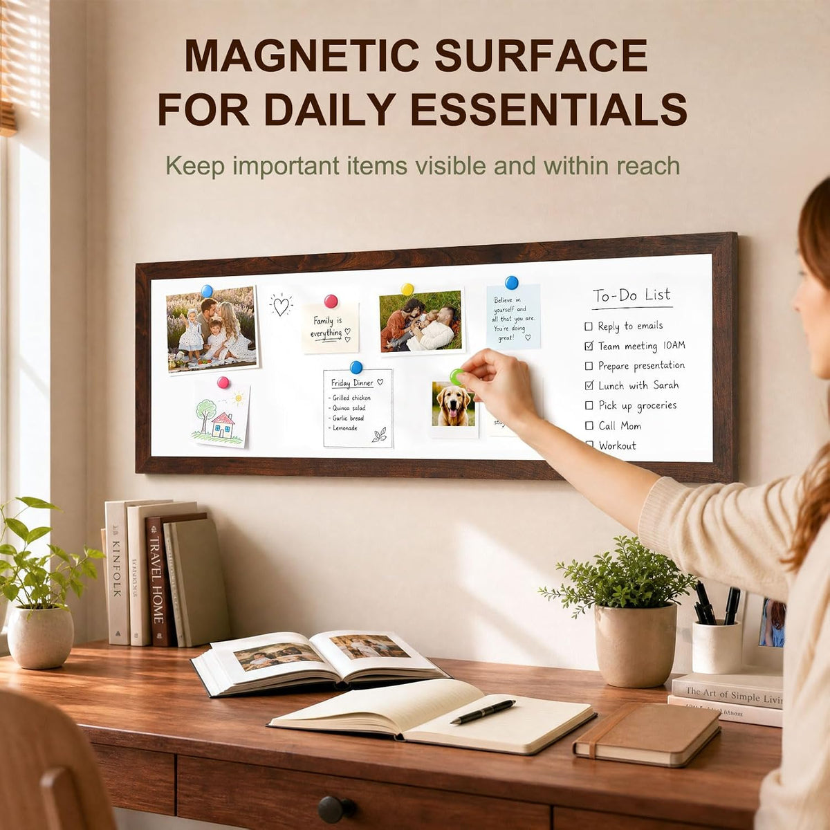Long White Board, 36" x 12" Magnetic Dry Erase Board, Brown