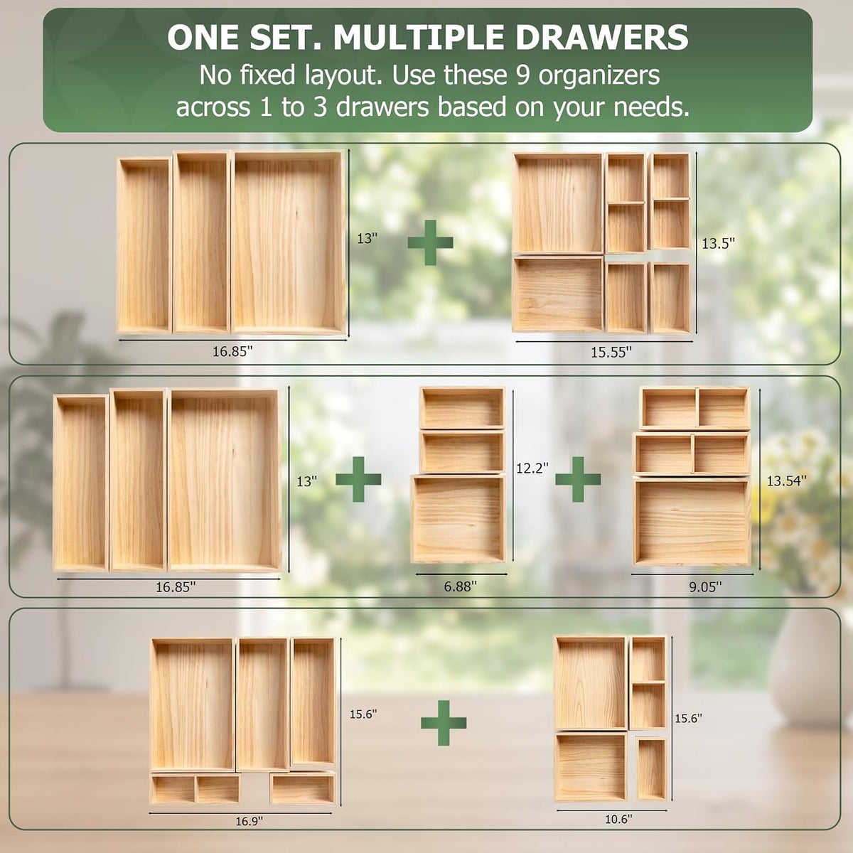 9-Pack Solid Wood Junk Drawer Organizer, Modular Desk Drawer Tray & Acces...