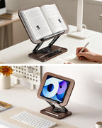Adjustable Book Stand for Reading, Book Holder with 360° Rotation Base, Height Adjustable Book Reading Stand with Extendable Page Clips — Wooden Stand Holder for Cookbook, Receipe Book, Thick Book