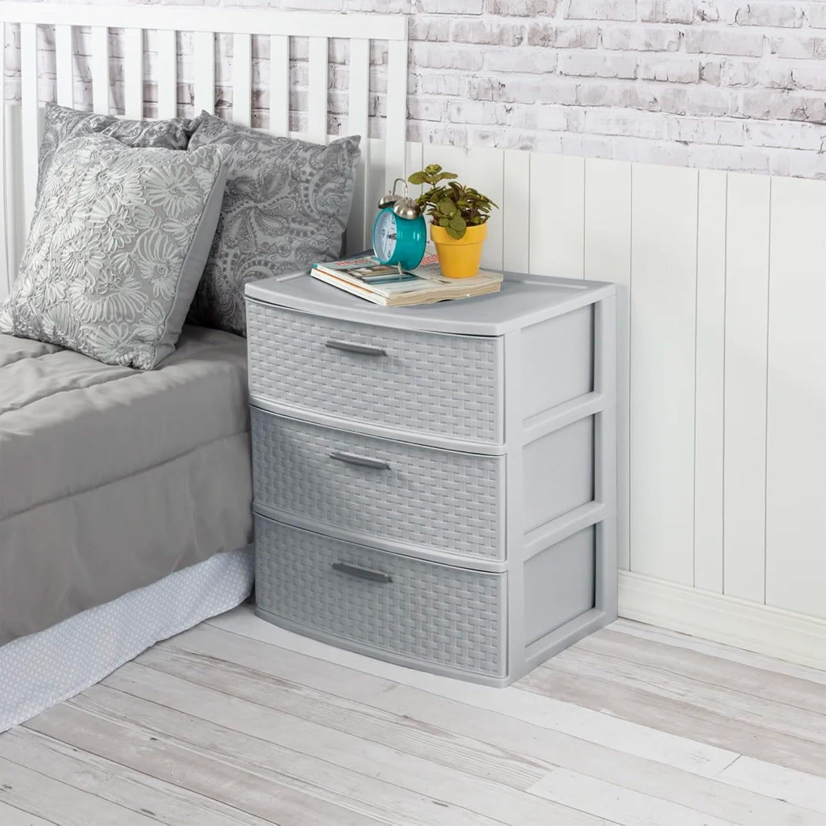 Sterilite Wide 3 Drawer Storage Tower, Weave Pattern, Cement, 2-Pack