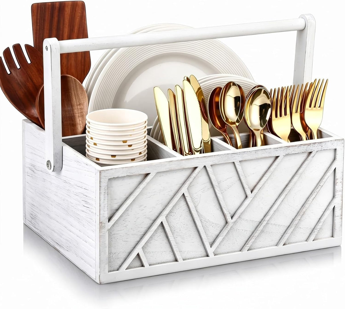 13 Inch Silverware Caddy with Handle, Wooden Utensil Plate Holder,White