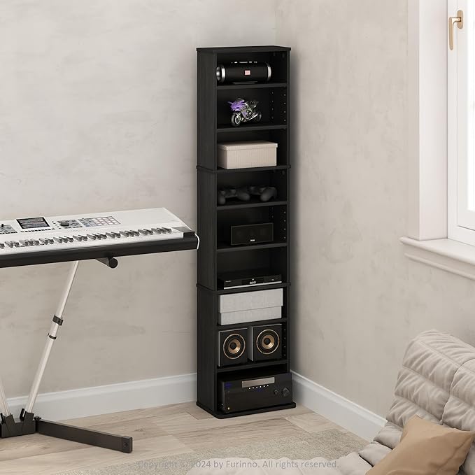 Furinno Jaya DVD Shelf, 9-Shelf Tall Narrow CD Rack, Media Shelf - Image 2
