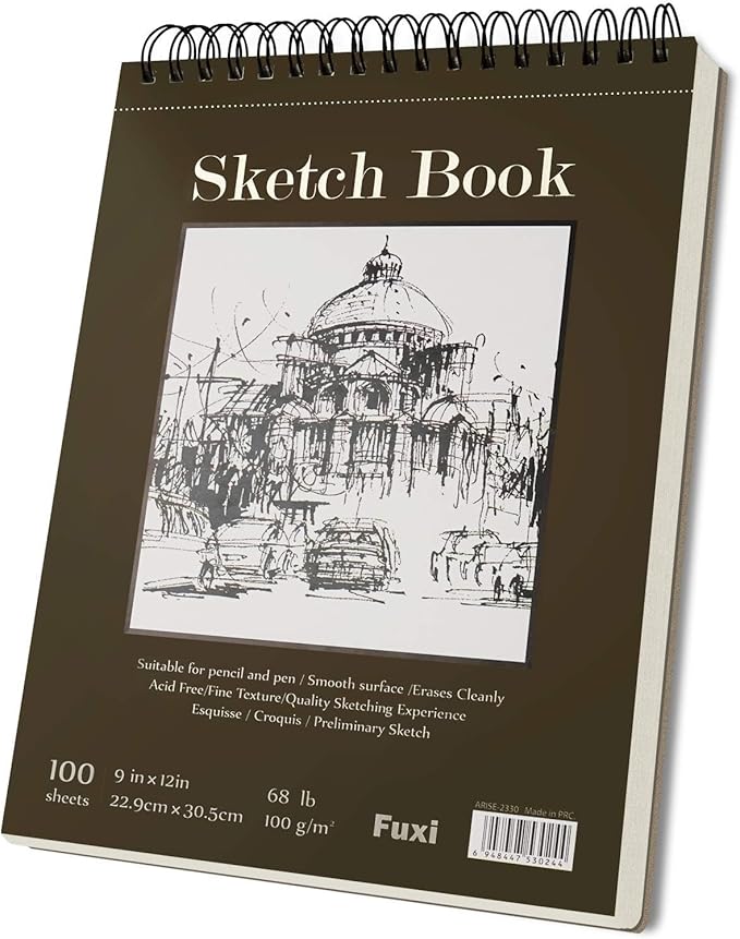 Fuxi 9" x 12" Sketch Book, Top Spiral Bound Sketch Pad, 100 Sheets 68lb/100gsm by SketchBook