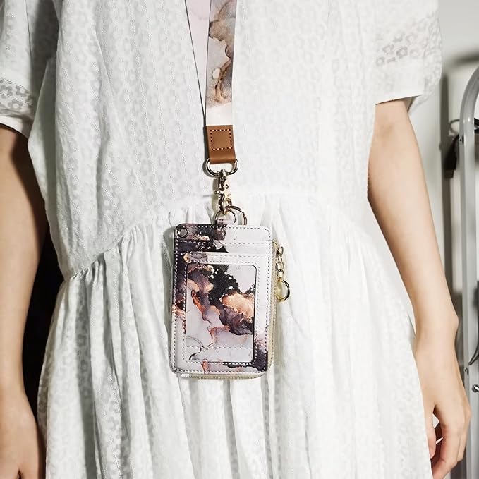Marble ID Badge Holder with Lanyard, Card Name Tag Holders with Zipper - Image 2