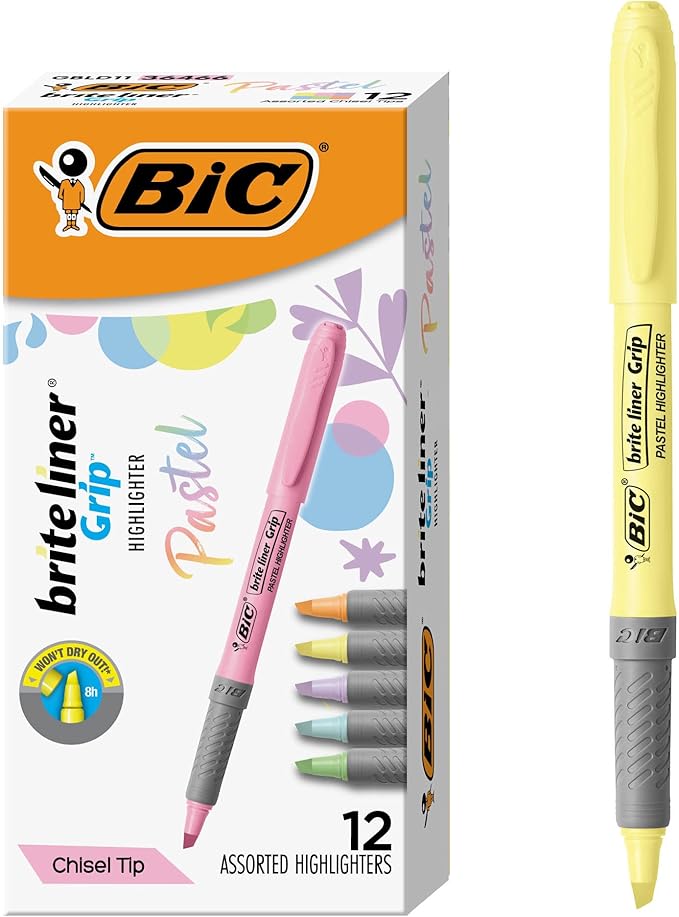 BIC Brite Liner Grip Pastel Highlighter Set, Chisel Tip, 12-Count Pack of by BIC