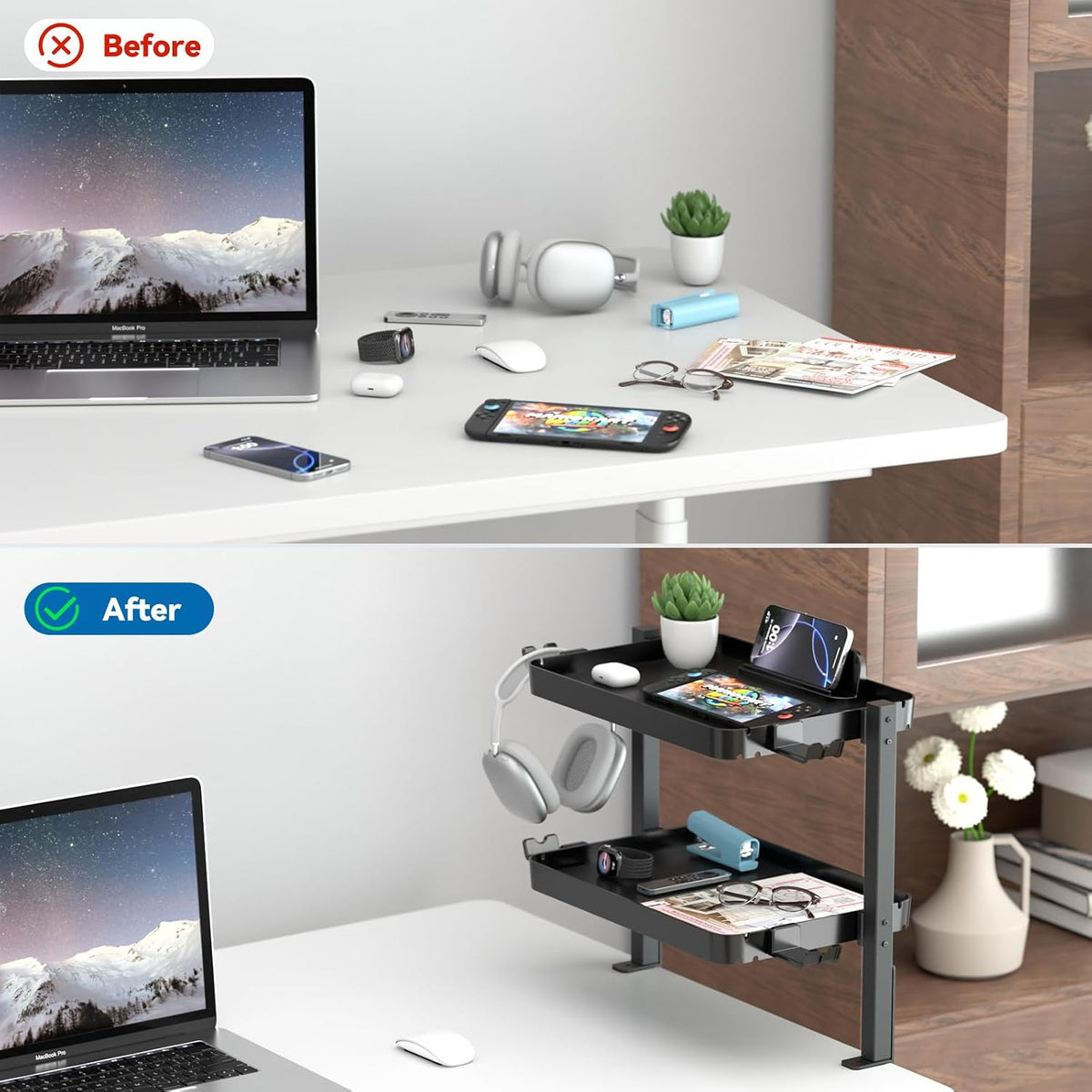 KDD Clamp On Desk Organizer - Adjustable 2-Tier Above or Under Desk Shelves w...
