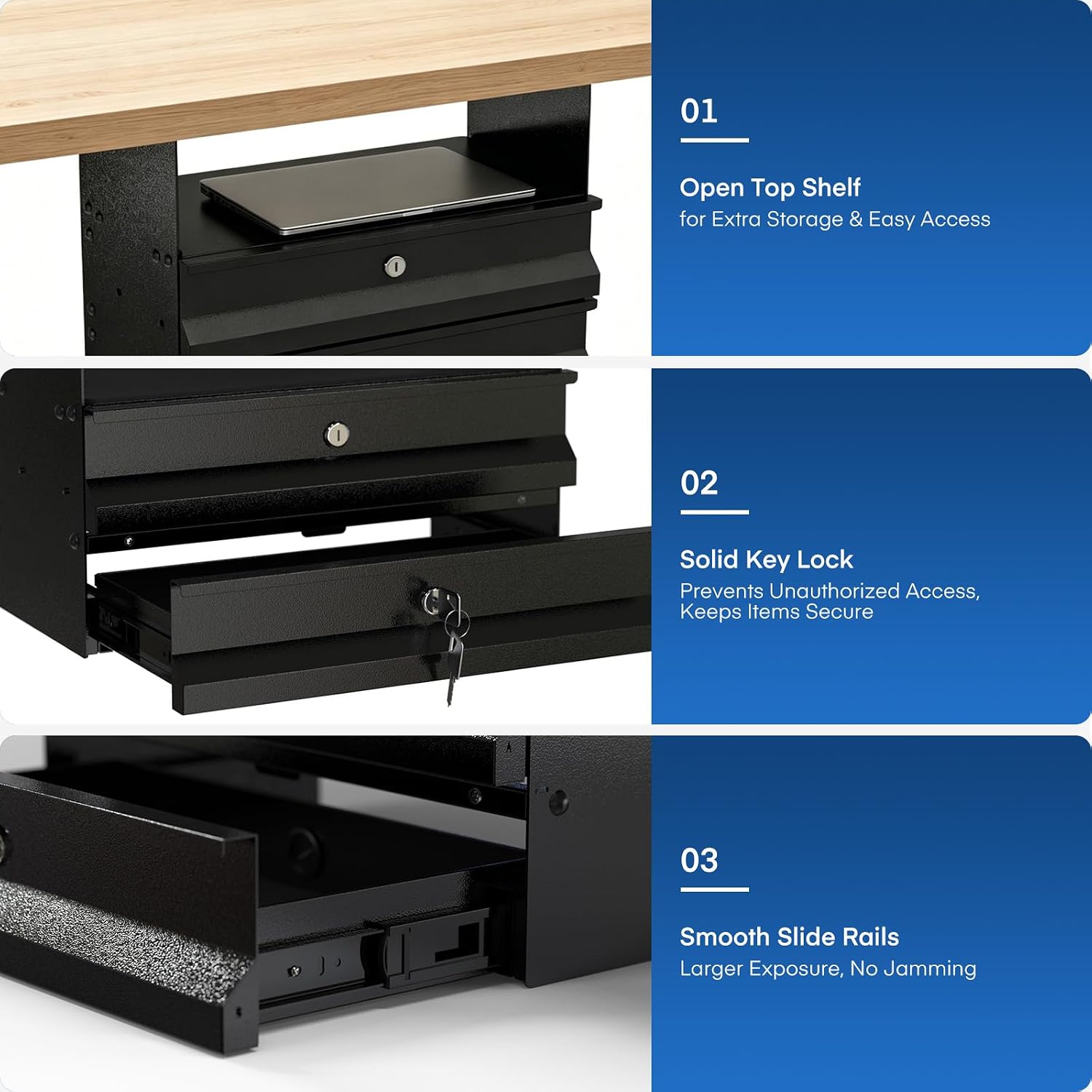 POCHAR Under Desk 2-Tier Drawer with Lock, Steel Slide Out Storage Drawer | Under Table Dual Tier Secure Drawer with Cable Management, Undermount Drawer Storage Organizer for Standing Desk, Workstation