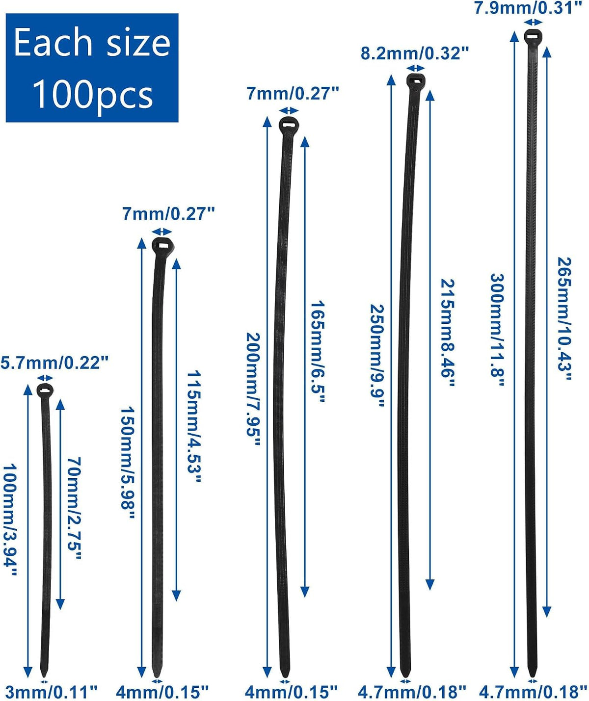 500pcs Push Mount Zip Ties Assorted Sizes, 4+6+8+10+12inch Cable Zip Tie with...